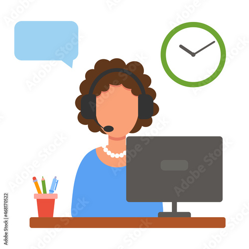 The woman works at the computer. Remote work. Home office. Freelancer, dispatcher, student, teacher. Online customer service. Helping clients. Call center, support, hotline. Vector illustration.