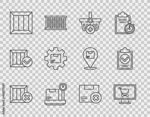 Set line Wooden box and delete, Shopping cart on computer, Add to basket, Scale with cardboard, Gear wheel package, Carton and Verification of delivery list clipboard icon. Vector