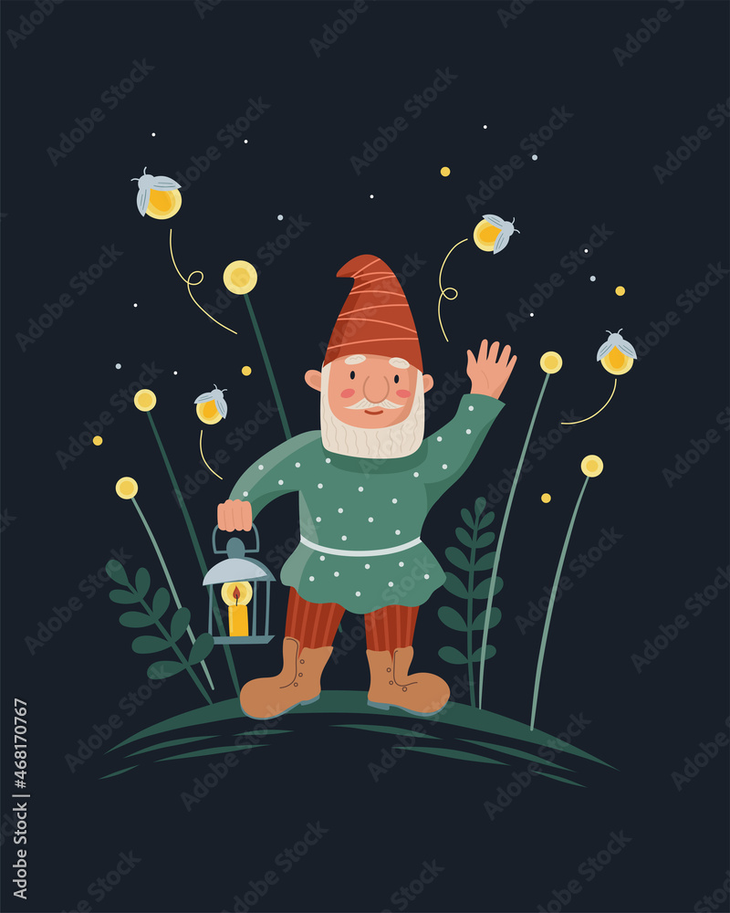 Naklejka premium Little gnome or dwarf with a flashlight, lantern and fireflies. Cute children's illustrations