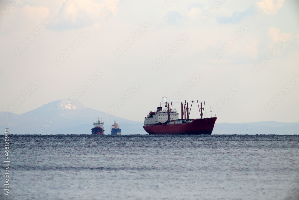 Three ships and snow capped mountains Three ships and snow capped mountains