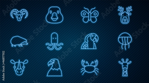 Set line Giraffe head, Jellyfish, Butterfly, Octopus, Hedgehog, Head of goat or ram, Macaw parrot and Goose bird icon. Vector
