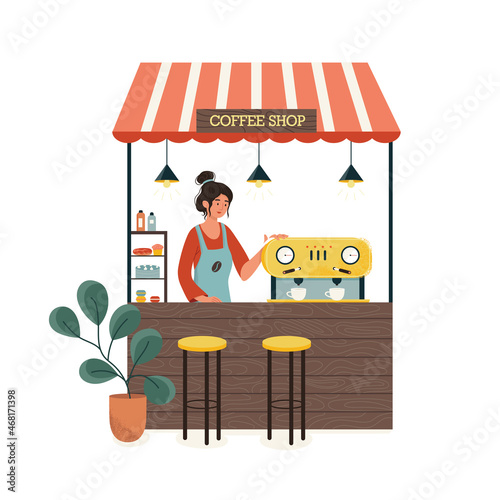 Stall Counters. Coffee and cake shop concept. Woman wearing apron at the counter
