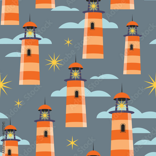 Seamless vector pattern with lighthouse and clouds. Stylish kids backgrounfd