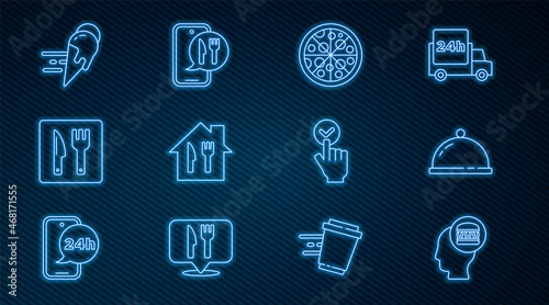 Set line Online ordering and delivery, Covered with tray of food, Pizza, Cafe restaurant location, ice cream, and icon. Vector