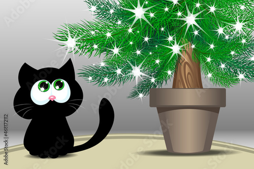 Black cat is sitting on the carpet under Christmas tree
