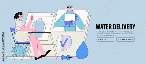 Woman administrator receive oder online on website and confirm delivery by delivery man of bottled clean spring water for office or home use. Web page with water store or service concept banner.