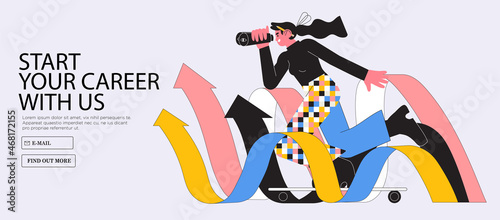 Woman riding skateboard and look in binocular searching job or inspiration. Career or personal growth or choice. Educational process banner, ad, landing page or poster for web, startup or courses.