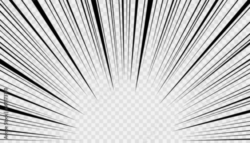 Manga frame with speed flash lines. Comic anime radial effect. Superhero background with burst rays. Splash blast on transparent backdrop. Explosion bomb template. Retro bang zoom. Vector illustration