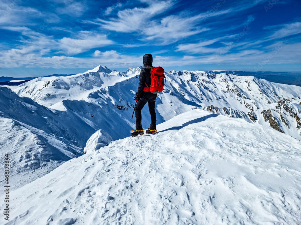 Climber in the mountains, Vaiuga Ridge, Fagaras Mountains, Romania