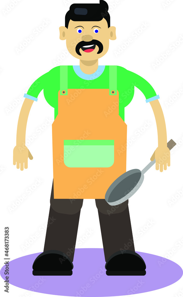 A simple flat vector illustration of a young athletic man in green t-shirt and orange apron with saucepan cooking supper or dinner. Black haired andwith long mustaches dad in kitchen A simple flat vector illustration of a young athletic man in green t-shirt and orange apron with saucepan cooking supper or dinner. Black haired andwith long mustaches dad in kitchen