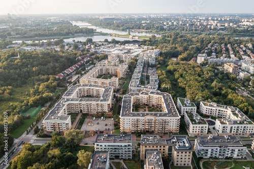 Obraz na płótnie Drone aerial photo of modern residential buildings in Siekierki area of Warsaw, Poland w salonie