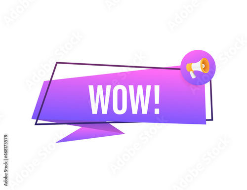 Wow megaphone. Flat vector illustration. Announce promotion offer. People communicate