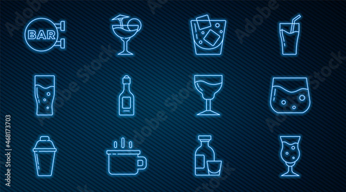 Set line Glass of beer, whiskey, Champagne bottle, Street signboard with Bar, Wine glass and Cocktail icon. Vector