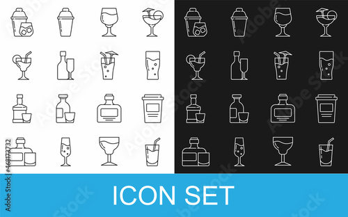 Set line Cocktail, Coffee cup to go, Glass beer, Wine glass, bottle with, shaker and icon. Vector