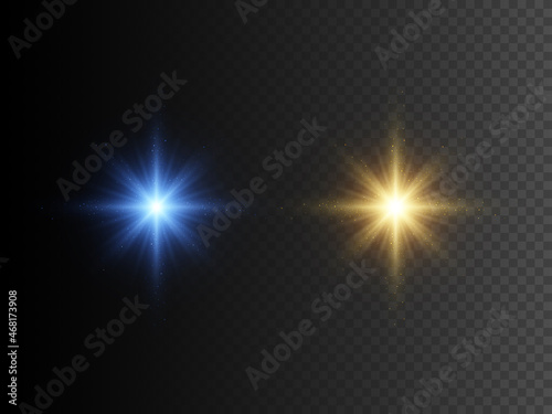 Gold and blue star. Set of glowing lights. Transparent effect. Vector illustration