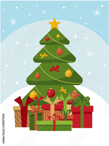 Vector flat illustration of a Christmas tree. New Year s green spruce decorated with toys and Christmas gifts. EPS10