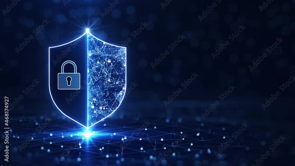 Data protection is a concept in cybersecurity and privacy technologies. There is a shield on the left side. Slow-moving polygons have small binary padlocks that act as connections. dark background.