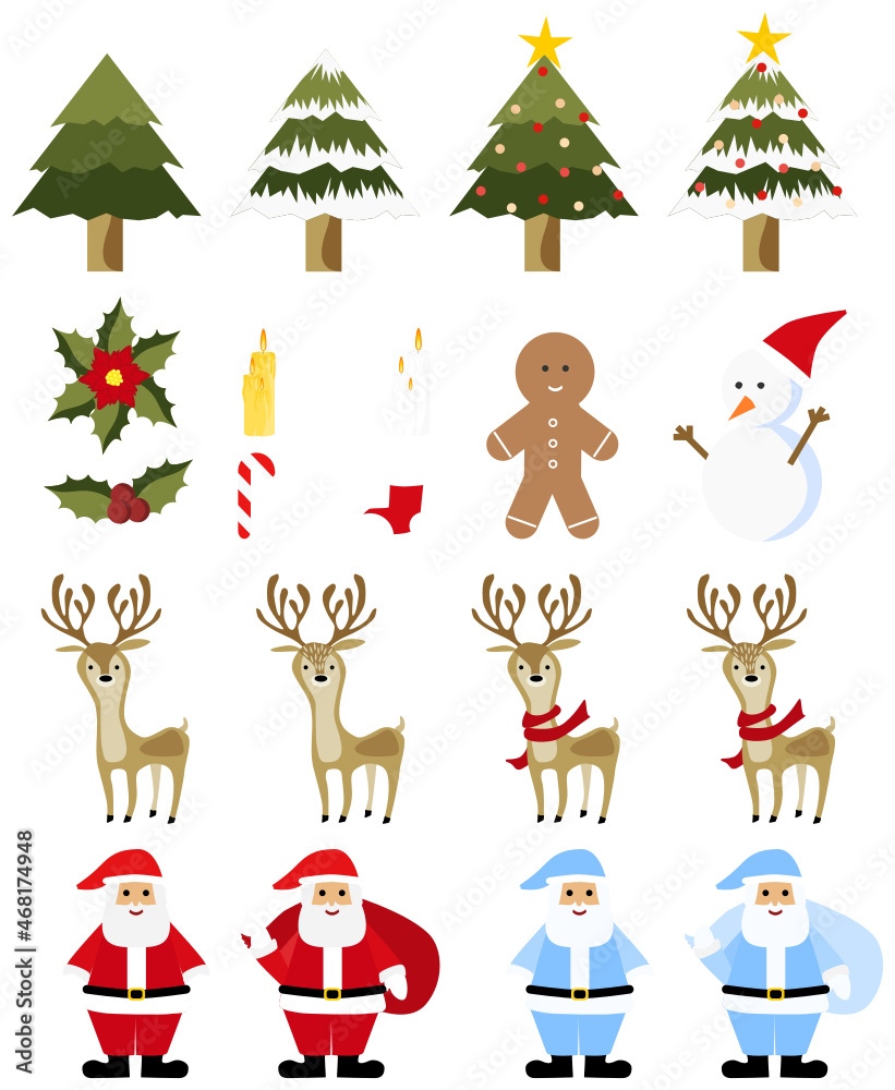 Attractive and colorful vector Christmas decoration set. There are cute Christmas trees, Santa, reindeer, deer, red scarf, snowman, candles and Christmas flower.