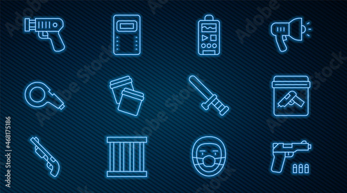 Set line Pistol or gun, Evidence bag with, Dictaphone, Plastic ziplock, Whistle, Police electric shocker, rubber baton and assault shield icon. Vector