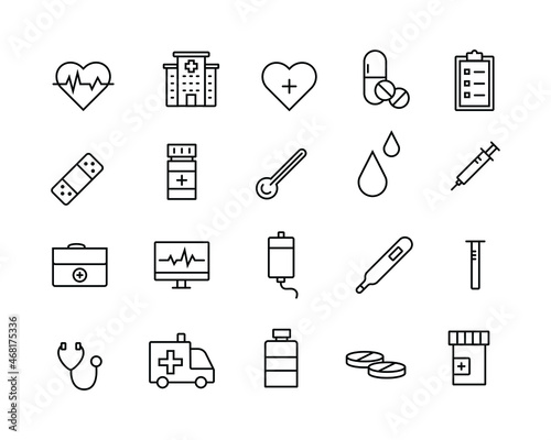 the editable stroke line icons collection related to medical stuff. a bag, heartbeat, stethoscope, ambulance, emergency sign, etc that is suitable to be used as ui ux element design.