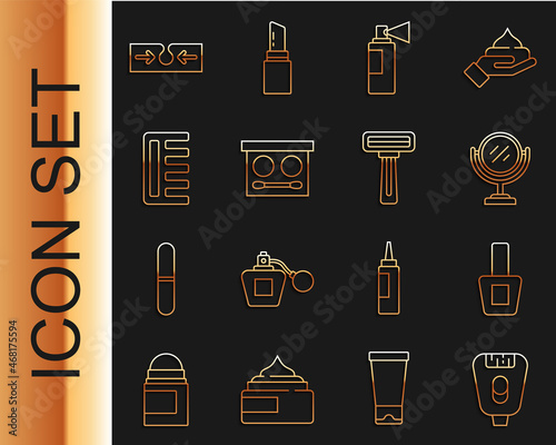Set line Epilator, Nail polish bottle, Round makeup mirror, Perfume, Eye shadow palette, Hairbrush, Acne and Shaving razor icon. Vector