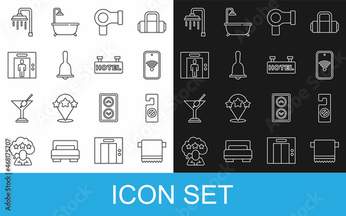 Set line Towel on hanger, Please do not disturb, Mobile with wi-fi wireless, Hair dryer, Hotel service bell, Lift, Shower and Signboard text icon. Vector