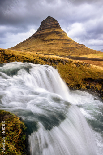 Kirkjufell mountain and Kirkjufellfoss waterfall  Snaefellsnes peninsula  Iceland.
