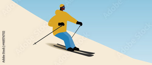 African skier skiing downhill skiing, copy space template, flat vector stock illustration with skiing in winter and winter activity and travel