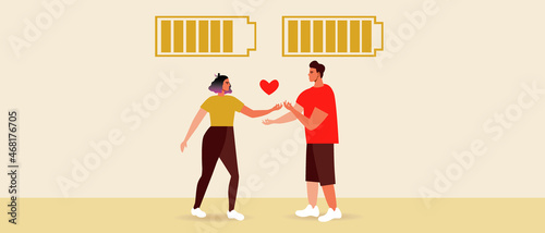 Couple in love, high battery charge, flat vector stock illustration with mental health and emotional battery, high charge