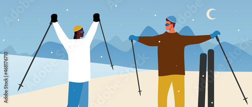 Friends skiers skiing, ski resort, flat vector stock illustration with skiing as leisure and happy people skiing in snowfall
