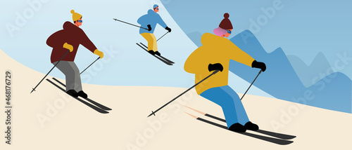 People on skis, downhill skiing, flat vector stock illustration with winter leisure activities and hobbies like skiers competition and happy downhill