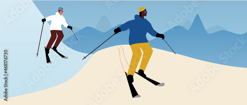 People Skiing Downhill Skiing, Flat Vector Stock Illustration with Friends or LGBTQ Couple Skiing Together in the Mountains