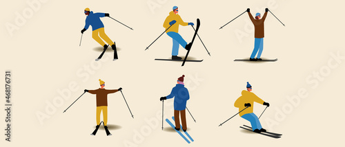Set of isolated skiers, flat vector stock illustration with multicultural skiers in winter and skiing and downhill