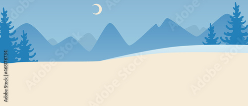 Winter mountains with moon, copy space template, flat vector stock illustration or copy space landscape with snow in winter mountains