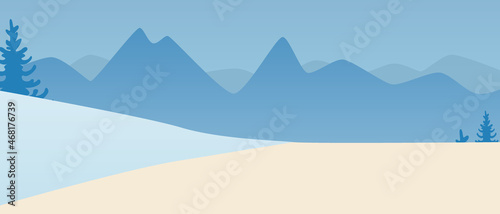 Winter mountains with trees, copy space template, Flat vector stock illustration or copy space landscape with snow and pine needles in winter