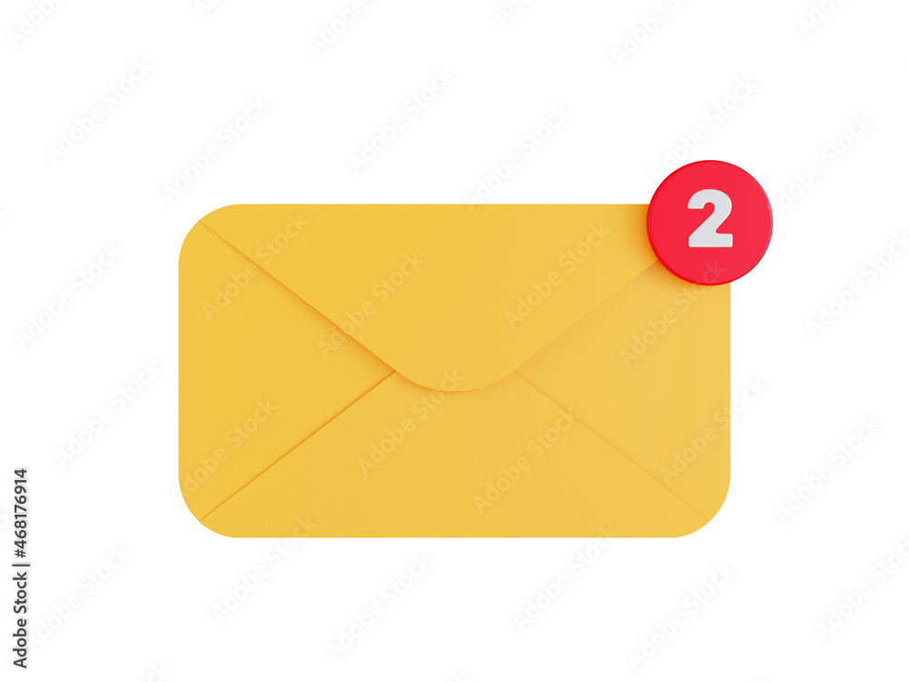 Mail envelope isolated on white background with clipping path, incoming mail inbox notification with red notification two number, 3D rendering illustration Mail envelope isolated on white background with clipping path, incoming mail inbox notification with red notification two number, 3D rendering illustration