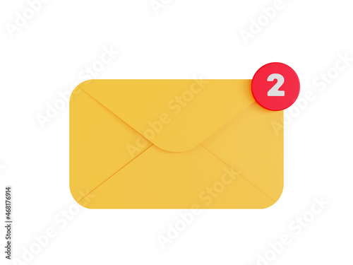 Mail envelope isolated on white background with clipping path, incoming mail inbox notification with red notification two number, 3D rendering illustration © VIEWVEAR