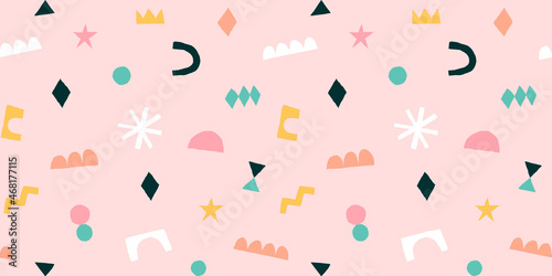 Modern collage with cut out elements. Abstract background with hand drawn shapes. Colorful geometric seamless pattern.