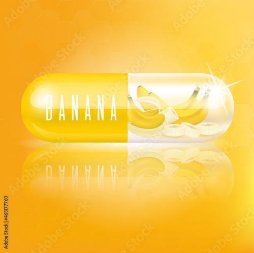 Banana in capsule vitamin yellow with banana slices. Medical concepts and health supplements. Realistic 3D Vector illustration.