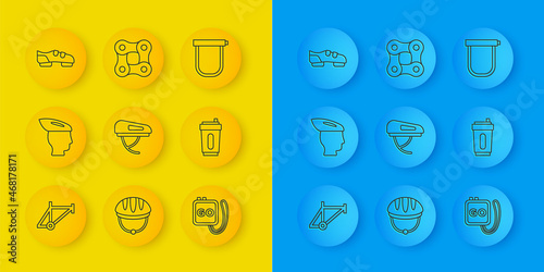 Set line Bicycle frame, helmet, Stopwatch, Sport bottle with water, shoes, lock and chain icon. Vector