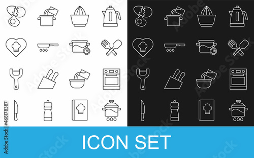 Set line Cooking pot, Oven, Crossed fork and spoon, Citrus fruit juicer, Frying pan, Chef hat, Broken egg and icon. Vector