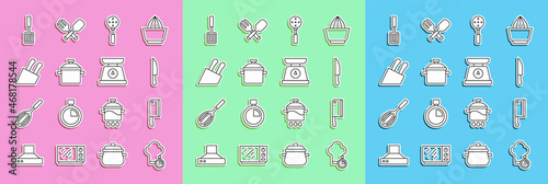 Set line Chef hat, Meat chopper, Knife, Spatula, Cooking pot, Barbecue spatula and Scales icon. Vector