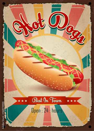 Hot dogs vintage restaurant sign. Fast food vintage poster. Retro design with big hamburger on old metal background red and turquoise colors. Wall decoration printing media. Vector EPS10 illustration.