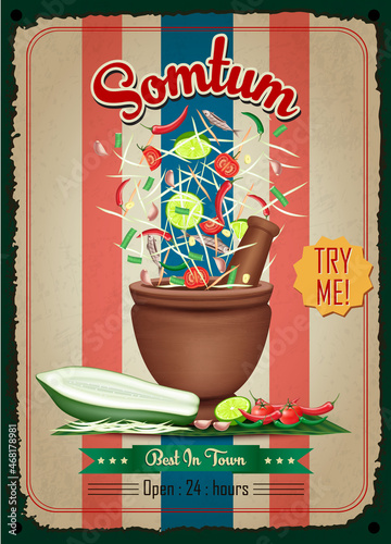 Som Tum Thai food, Green Papaya salad vintage restaurant sign. Retro design with big hamburger on old metal background red and turquoise colors. Wall decoration printing media. Vector EPS10.