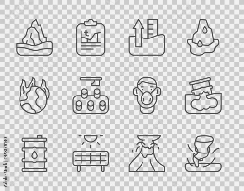 Set line Barrel oil, Tornado, Rise in water level, Solar energy panel, Iceberg, Deforestation, Volcano eruption with lava and leak icon. Vector