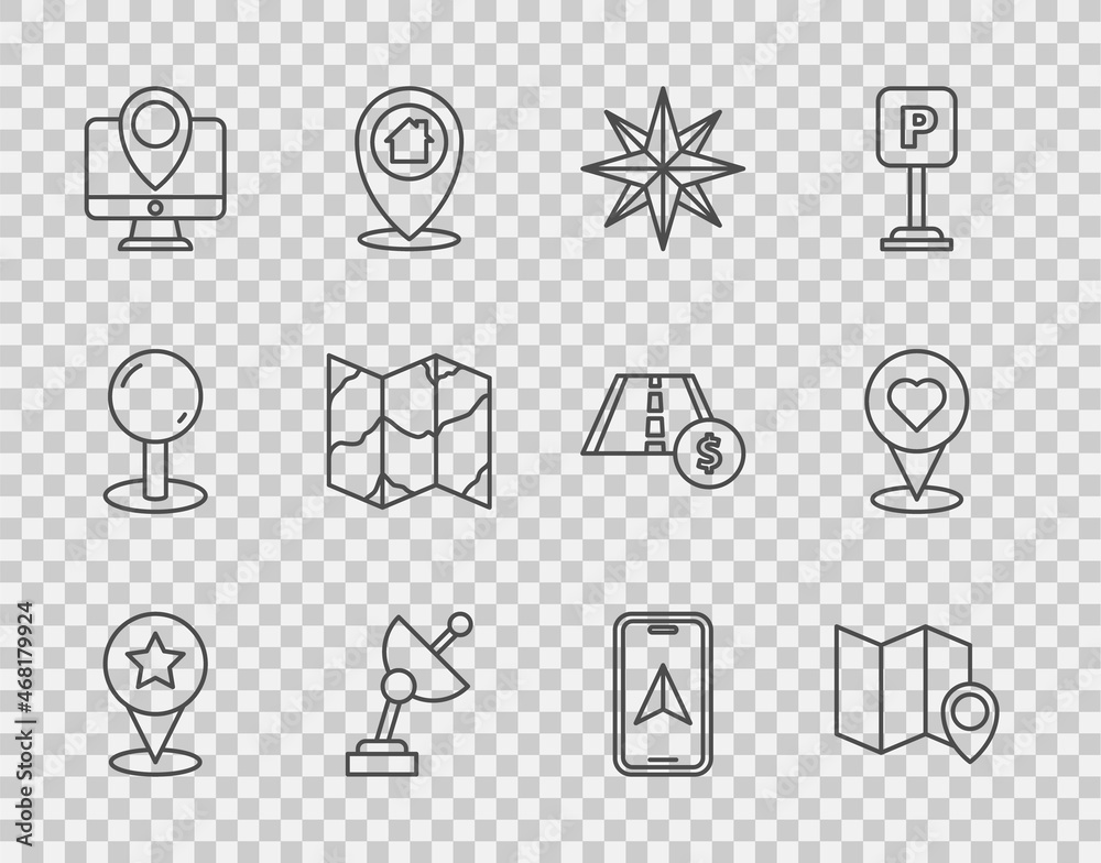 Set line Map pointer with star, Folded map location marker, Wind rose ...