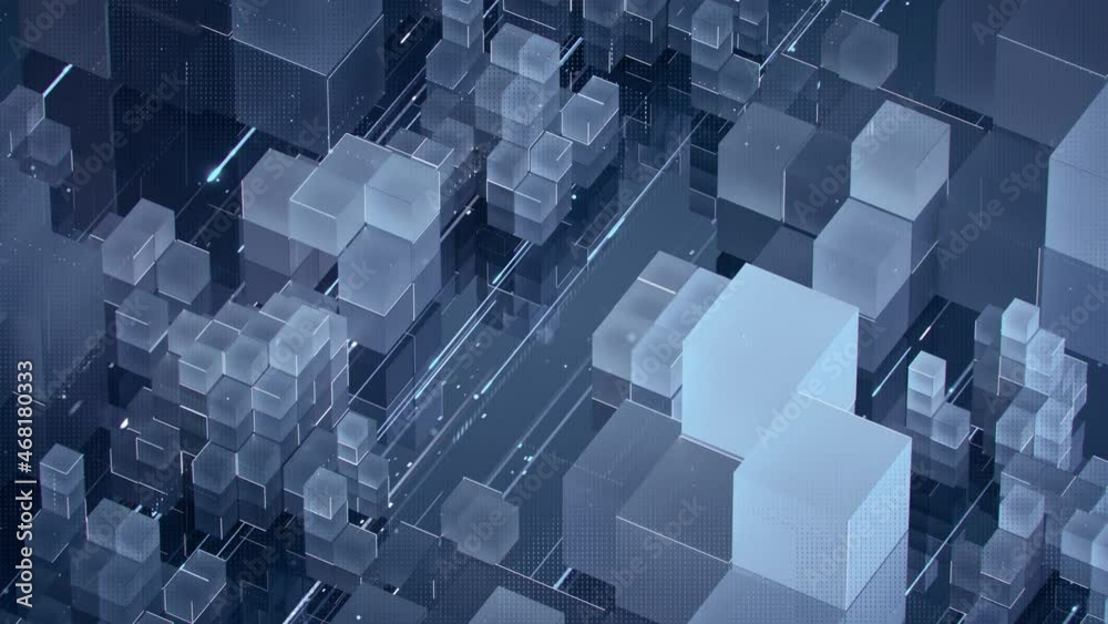 Abstract 3d rendering of blue cubic shapes and light trails. Big data storage and transfer concept. Seamless loop animation