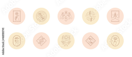Set of icons and emblems for social media stories highlight covers in linear style vector illustration.