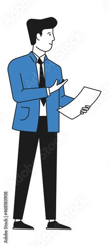 Business man with paper sheet. Man reading aloud document
