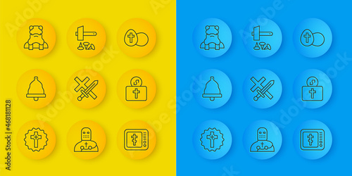 Set line Christian cross, Church bell, Crusade, Online church pastor preaching, Donation for, Priest, Easter egg and Crucifixion of Jesus icon. Vector